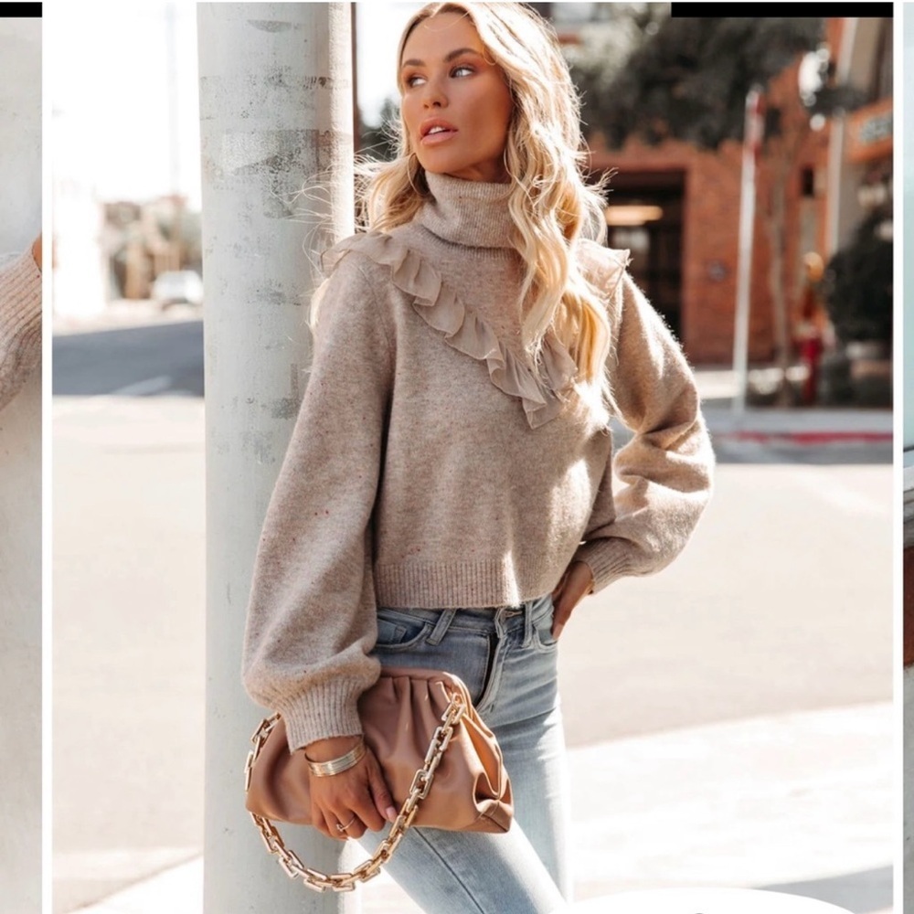 VICI Women's Beige Turtleneck Sweater with Ruffle Detail